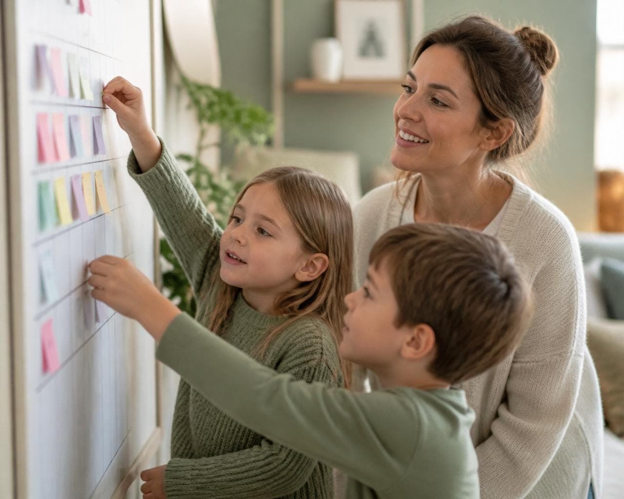 Madre e hijos organizando un tablero Kanban familiar con notas de colores