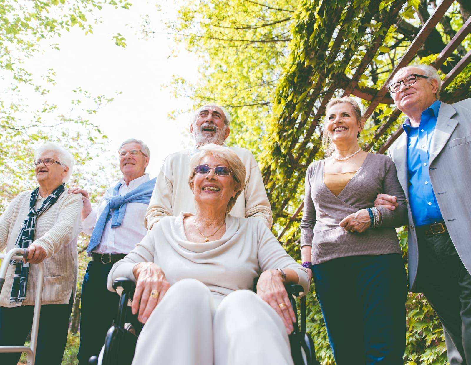 Grupo de adultos mayores caminando juntos por un parque