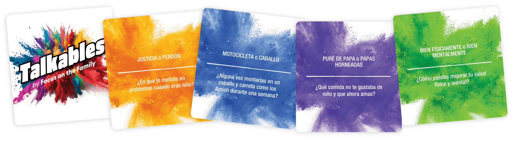 Cinco tarjetas de Talkables con preguntas como «¿En qué te metiste en problemas cuando eras niño?» o «¿Qué comida no te gustaba de niño y que ahora amas?»