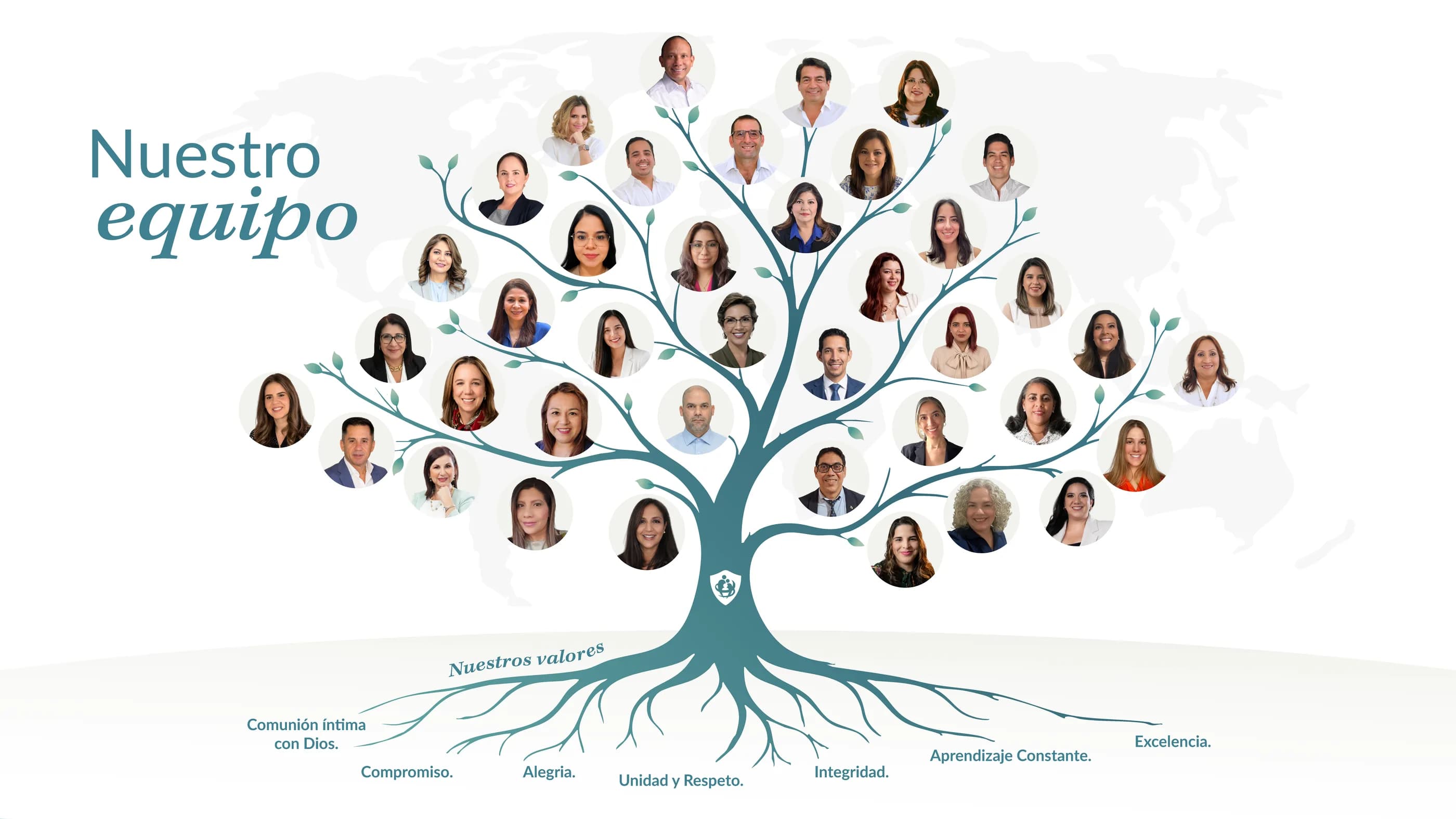 Árbol del equipo del Instituto de la Familia: los rostros del equipo se reparten por las ramas y sobre las raíces están escritos los valores de la institución.