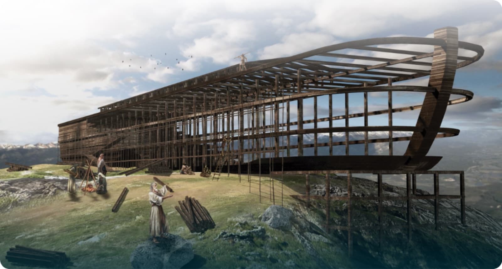 Ilustración del arca de Noé en construcción